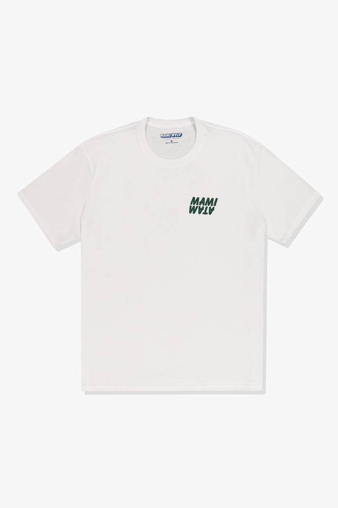 Front of Mami Wata 39/54 Tee in white with green word marque logo - cotton t-shirt