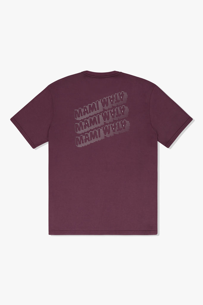 Back of 3 Mami Tee in violet with three stacked Mami Wata word marque logos