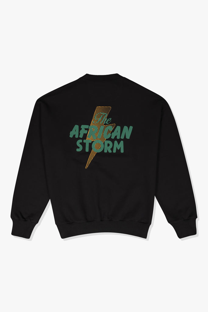 Back of African Storm Sweat in black with light yellow lightning bolt and African Storm artwork.