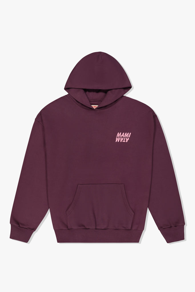 Mami Wata 3 Sugars Sweet Hoody in violet with pink mami wata word marque logo.