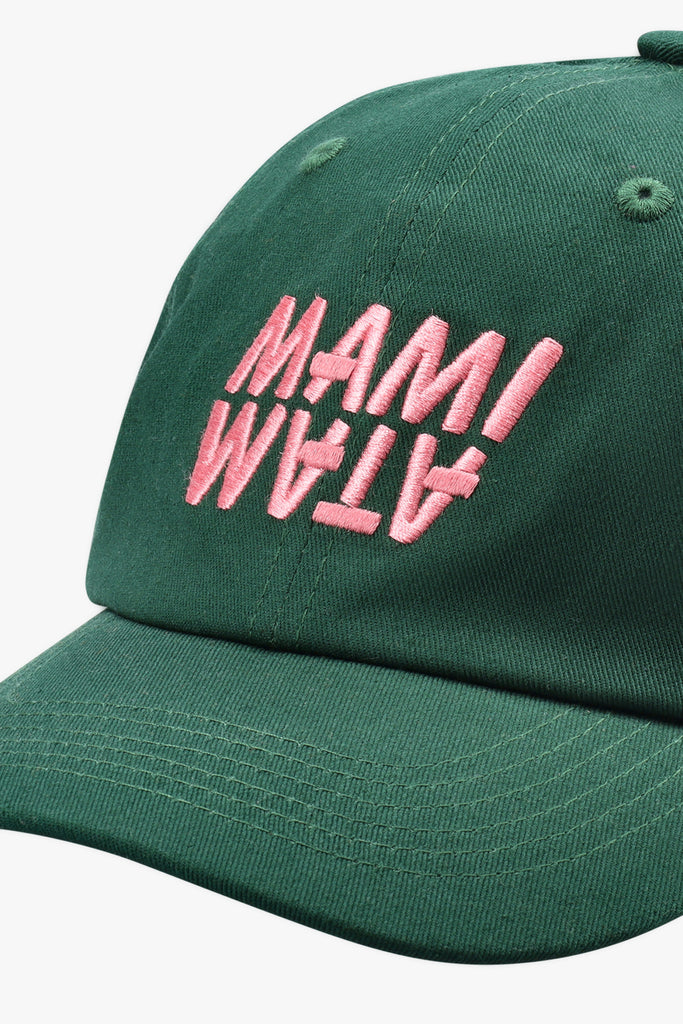dad cap with embroidered Mami Wata logo in pink - detail